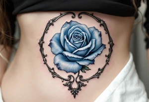 Blue rose in Art Nouveau frame, muted dusty blue petals with elegant, flowing metallic silver framing. tattoo idea