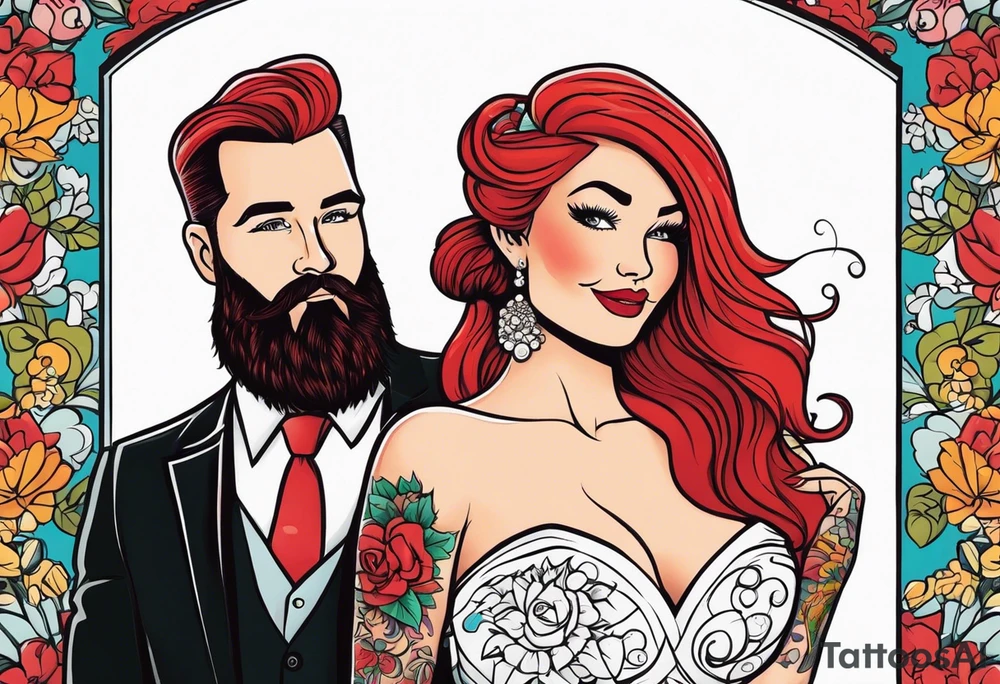 Busty red haired woman with a bearded man with black hair getting married tattoo idea