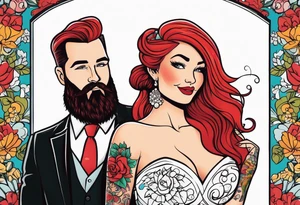 Busty red haired woman with a bearded man with black hair getting married tattoo idea