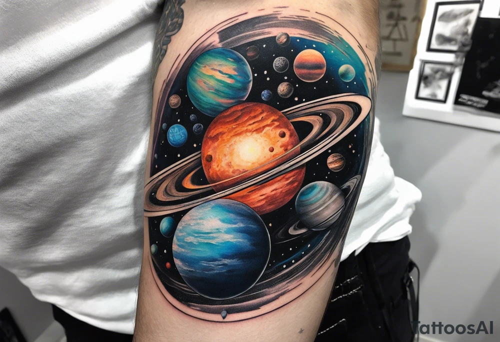 Sleeve tattoo of planets orbiting a supermassive black hole. tattoo idea