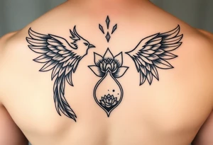 the phoenix and hour glass with lotus flower in kintsugi heart design tattoo idea