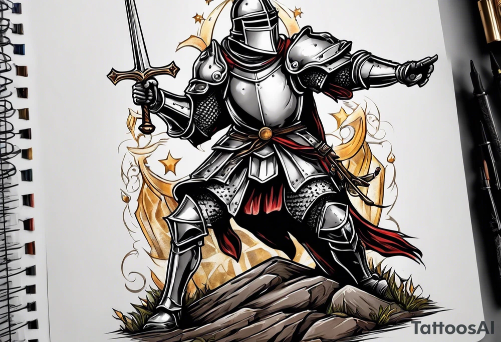 knight holding a bible over his head in combat with both hands tattoo idea