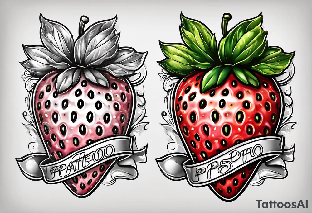lonely strawberry wrapped in banner saying Pops tattoo idea