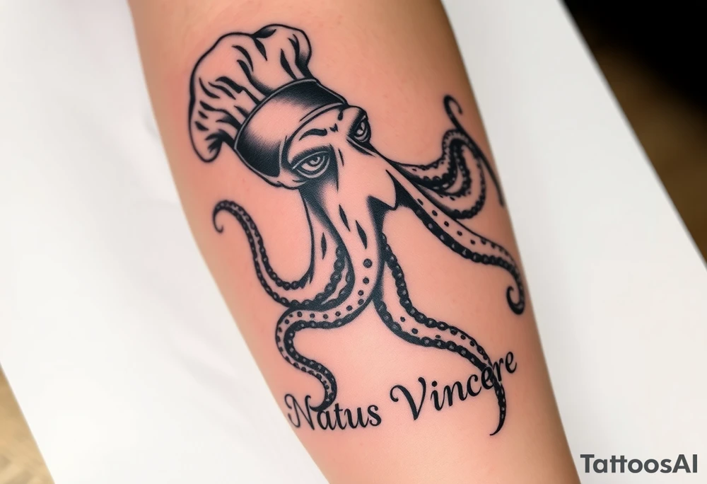 A fierce octopus on the right calf extending to the toe, with the Latin phrase Natus Vincere; the tattoo must be very realistic and the octopus must be wearing a chef's hat. tattoo idea