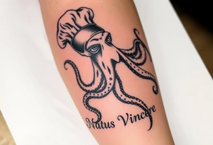 A fierce octopus on the right calf extending to the toe, with the Latin phrase Natus Vincere; the tattoo must be very realistic and the octopus must be wearing a chef's hat. tattoo idea