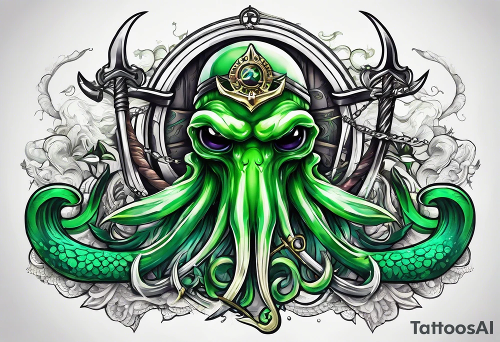 green squid with eyepatch holding sword and anchor tattoo idea