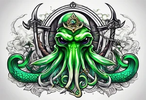green squid with eyepatch holding sword and anchor tattoo idea