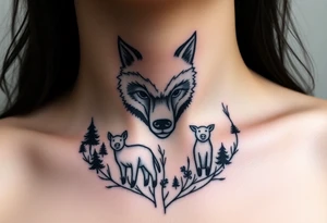 Big bad wolf nursery rhyme wearing a sheep costume with sheep head hood to kill and eat the three little pigs and little red riding hood in the woods tattoo idea