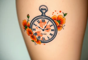 Beautiful pocket watch reading 2:37 with Roman numeral for 10/09/2024 and name Jackson Calloway in the face of watch surrounded by orange marigolds tattoo idea