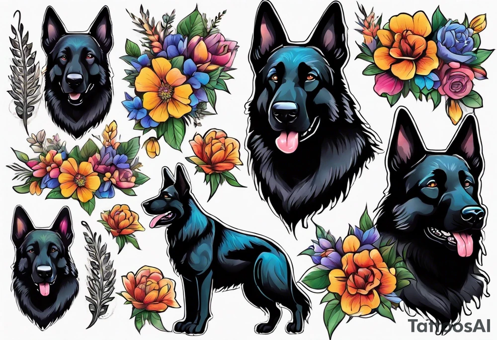 Black German shepherd portrait brightly colored with flowers tattoo idea