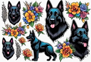 Black German shepherd portrait brightly colored with flowers tattoo idea