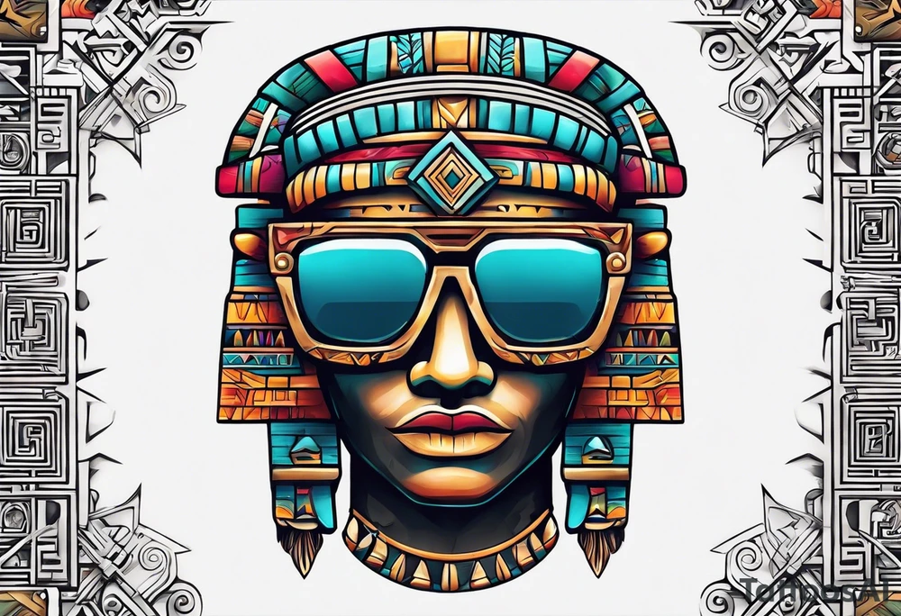 Colorful simple realistic Mayan hieroglyph wearing sunglasses tattoo idea