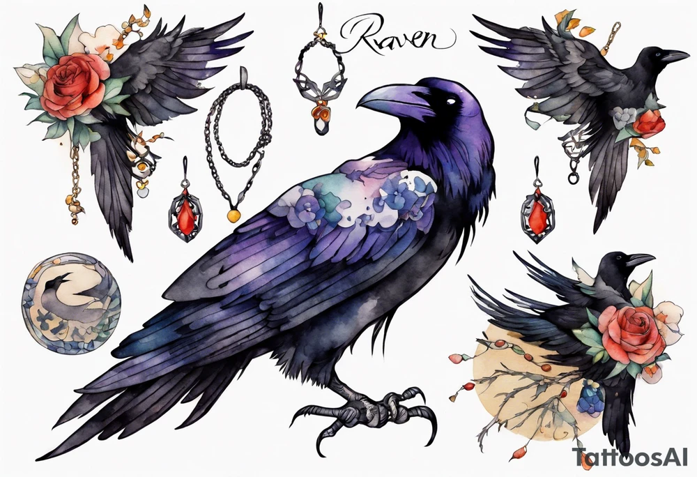 a raven wearing a necklace tattoo idea