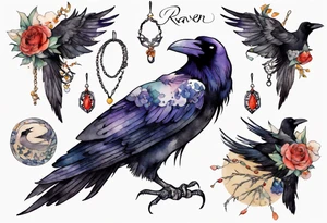 a raven wearing a necklace tattoo idea