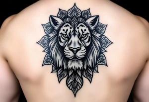 Detailed realistic lion head with mandala patterns around it that covers the hand and a small part of the fingers. tattoo idea