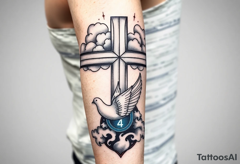 Big cross with clouds in the back everywhere  with a dove a the bottom left of the forearm with a blue circle ring it and the number 4 to the of the dove with whole tattoo covering the whole forearm and add fire and make sophisticated tattoo idea