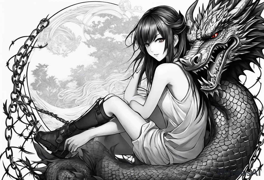 an anime girl, sitting on a ball, surrounded by barbed wire and asian dragon tattoo idea