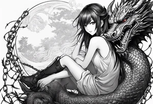 an anime girl, sitting on a ball, surrounded by barbed wire and asian dragon tattoo idea