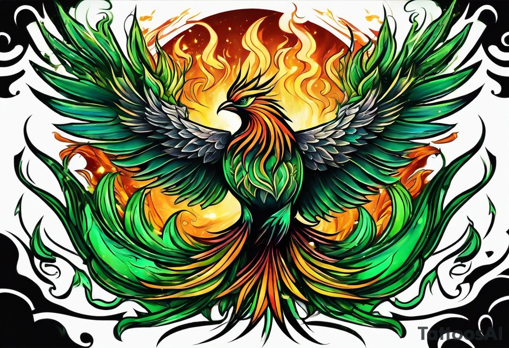 Phoenix Bright colours rising from green flames that destroyed it tattoo idea