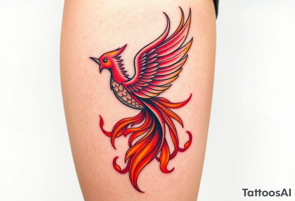 magnificent  phoenix rising from flames with trailing embers  and golden sunset and sky with puffy clouds and heaven backdrop pinks reds orange and yellows and golds with sparkles tattoo idea