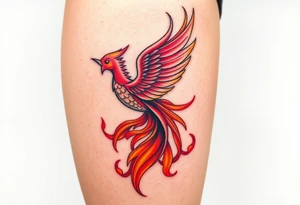 magnificent  phoenix rising from flames with trailing embers  and golden sunset and sky with puffy clouds and heaven backdrop pinks reds orange and yellows and golds with sparkles tattoo idea