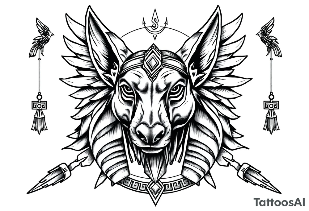 Egyptian Anubis god face muscle in Egypt style dog face surrounded Egyptian symbols based on elements tattoo idea