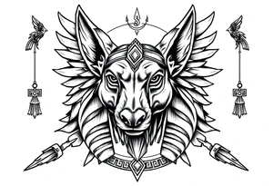 Egyptian Anubis god face muscle in Egypt style dog face surrounded Egyptian symbols based on elements tattoo idea