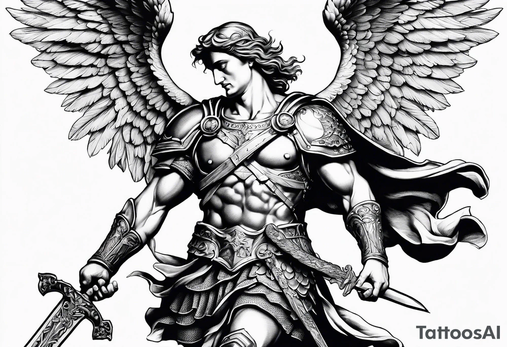 St.Michael angel with solid armor, holding a sword while killing the devil laid down on the ground tattoo idea