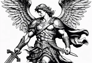 St.Michael angel with solid armor, holding a sword while killing the devil laid down on the ground tattoo idea