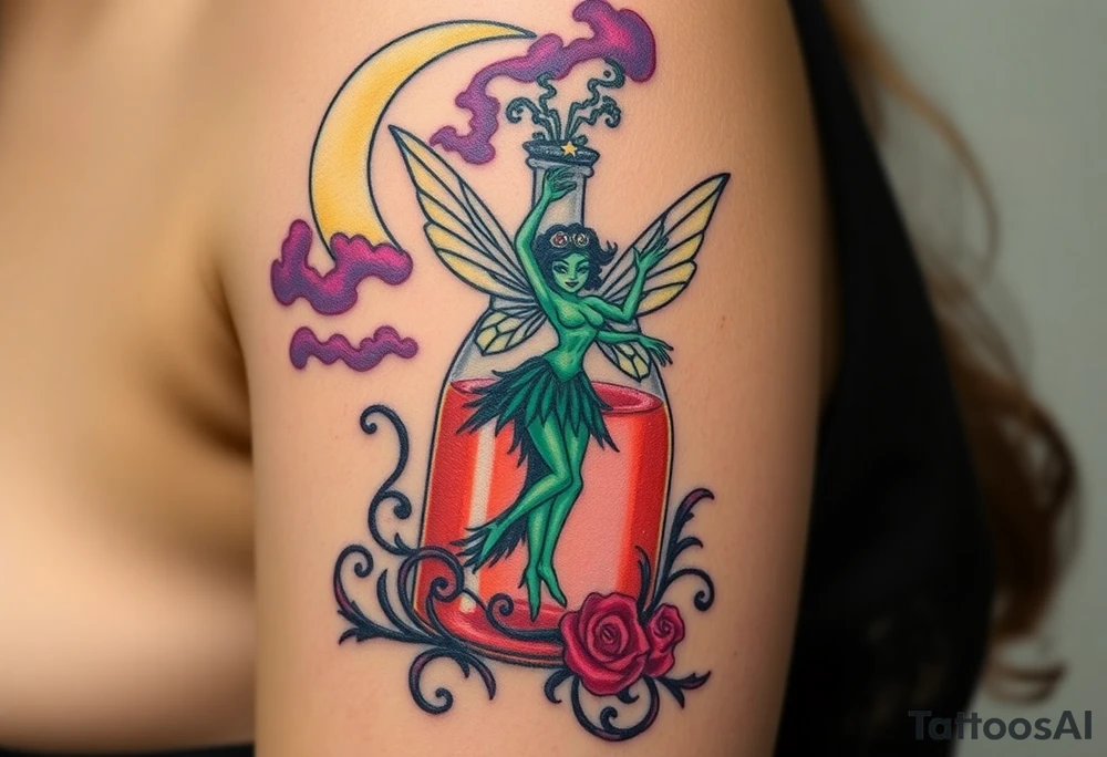 Tim Burton’s kelly doty pin up style Vintage Parisian elegant and hauntingly beautiful yet eerie full body absinthe Green Fairy dances outside her victorian crystal decatur she was once inside this elaborate ornate bottle absinthe bottle Absinthe Art Nouveau   and dripping with muted reds, dusty pinks, and eerie green glow.purple and cyan smokey clouds swirl in the crescent moonlit sky thats sprinkled with stars tattoo idea