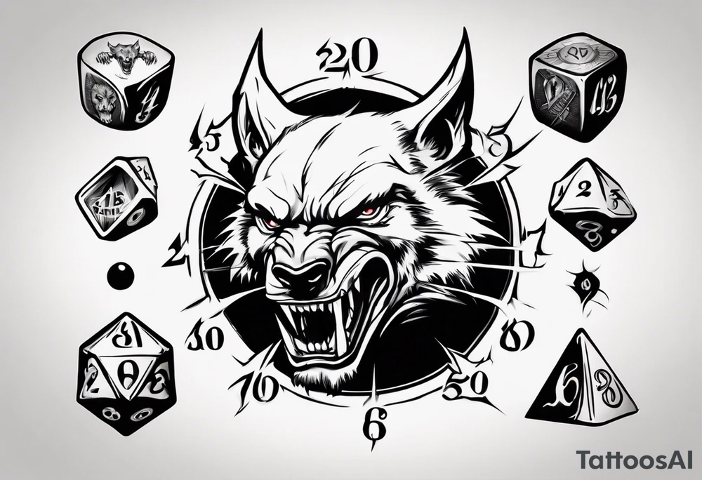 A 20 sided Dice in the center with numbers and wolverine claw marks framing the area underneath the dice and a werewolf in the background tattoo idea
