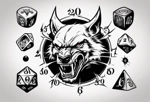 A 20 sided Dice in the center with numbers and wolverine claw marks framing the area underneath the dice and a werewolf in the background tattoo idea