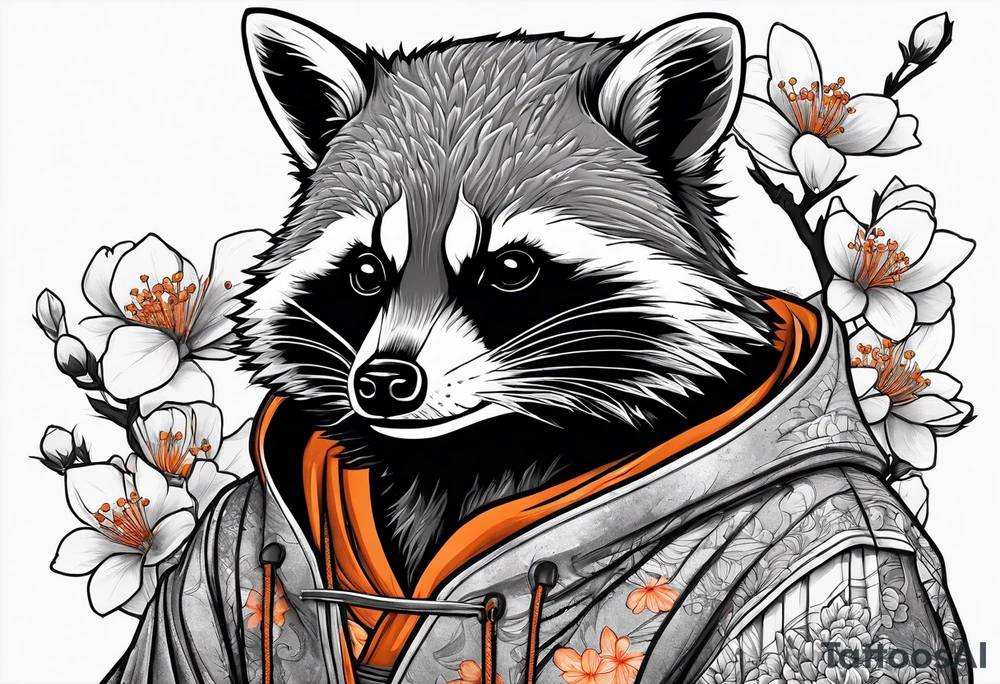 raccoon wearing a Superman hoodie with orange Japanese cherry blossoms tattoo idea