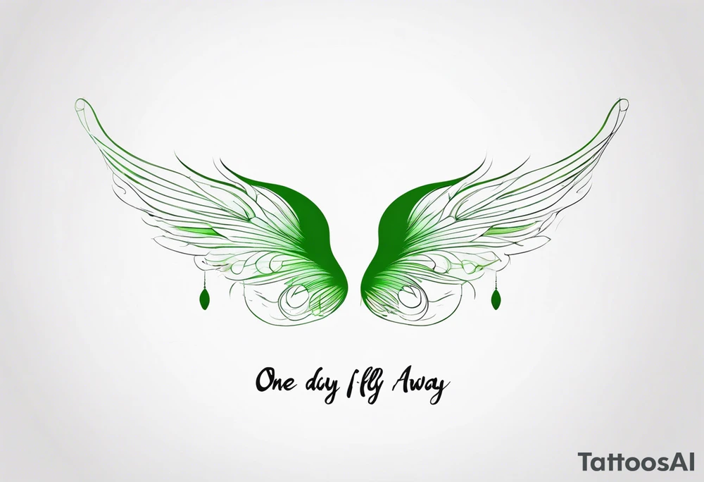 Green fairy wings with text “one day I’ll fly away” tattoo idea