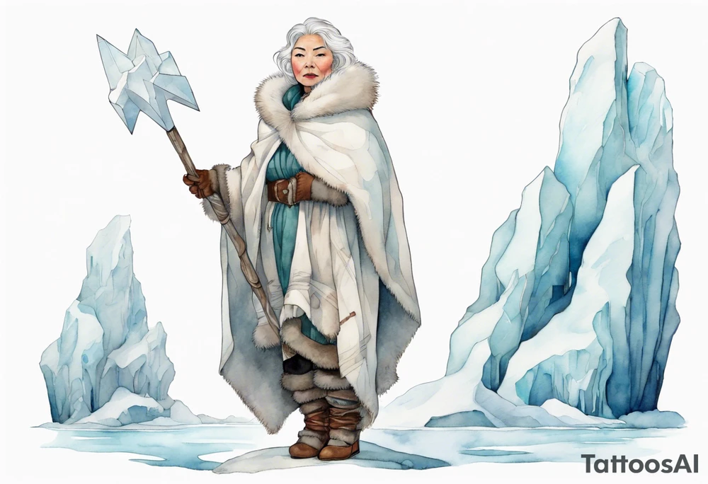 a middle aged Inuit woman with white hair, wearing mittens, mukluks, and a white cloak. Holding a white staff. Standing on an iceberg alone tattoo idea