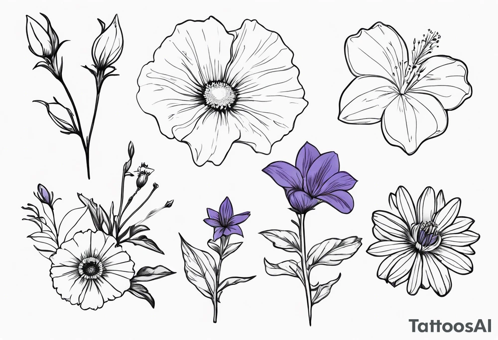 Birth flowers with violets, larkspur, aster, morning glory tattoo idea