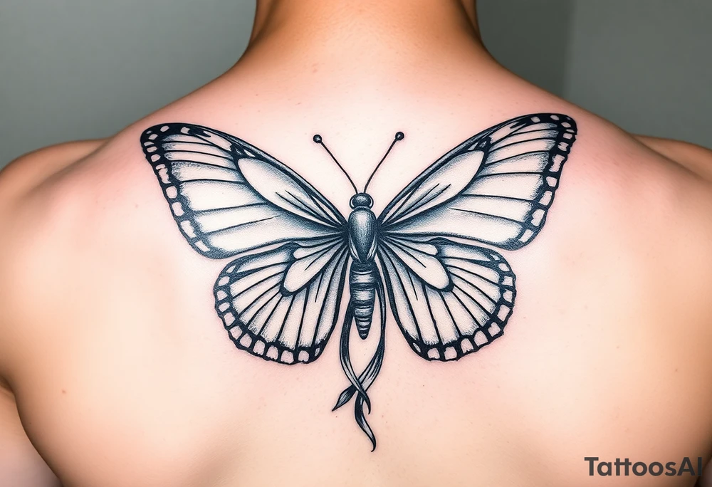 ethereal butterfly with flowing silk ribbons in moonlight tattoo idea