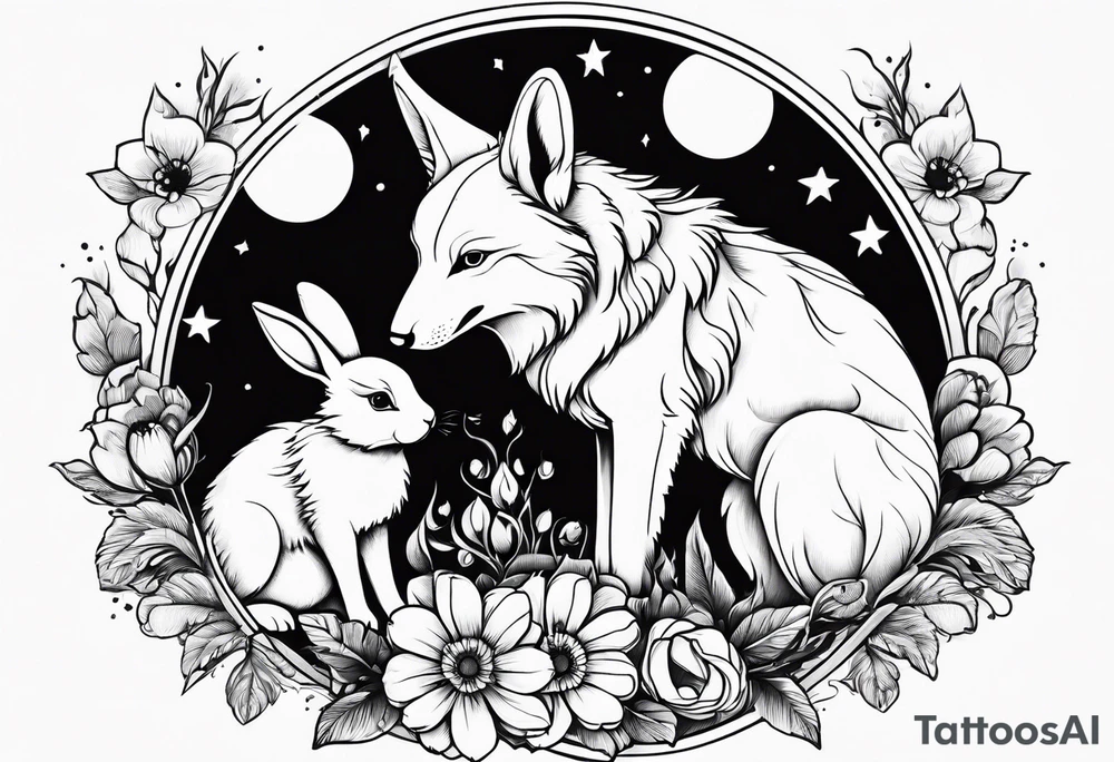 Mum and baby rabbit circled by wolf tattoo idea
