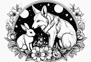 Mum and baby rabbit circled by wolf tattoo idea