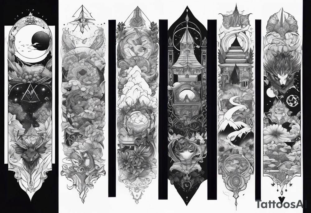 High fantasy collage tattoo sleeve tattoo idea