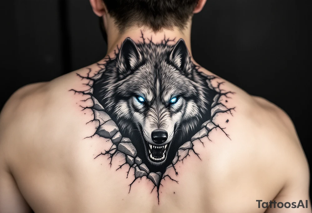 A fierce wolf emerging from a cracked surface, its fur detailed in black and silver, with glowing ice-blue eyes. tattoo idea