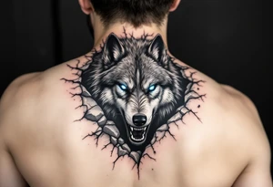 A fierce wolf emerging from a cracked surface, its fur detailed in black and silver, with glowing ice-blue eyes. tattoo idea