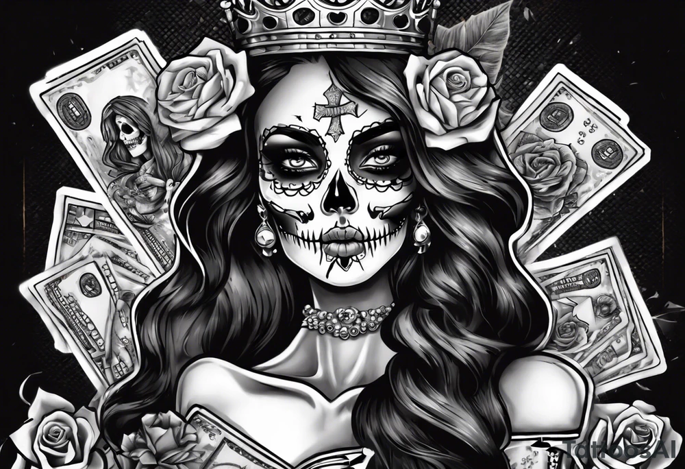 santa la muerta with money and crown
on the card tattoo idea