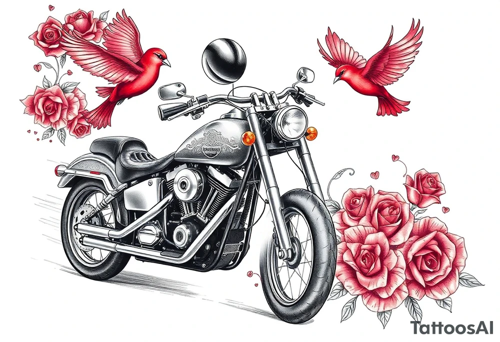 Harley motorcycle driving away, two red birds flying, roses and lace, flames tattoo idea