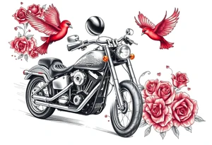 Harley motorcycle driving away, two red birds flying, roses and lace, flames tattoo idea