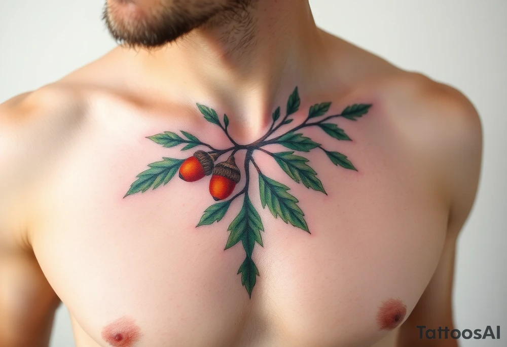 on the chest an oak branch with thick leaves and acorns oak branch with thick leaves and acorns tattoo idea