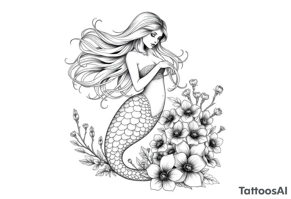 ethereal mermaid with flowing hair among coral and sea flowers tattoo idea