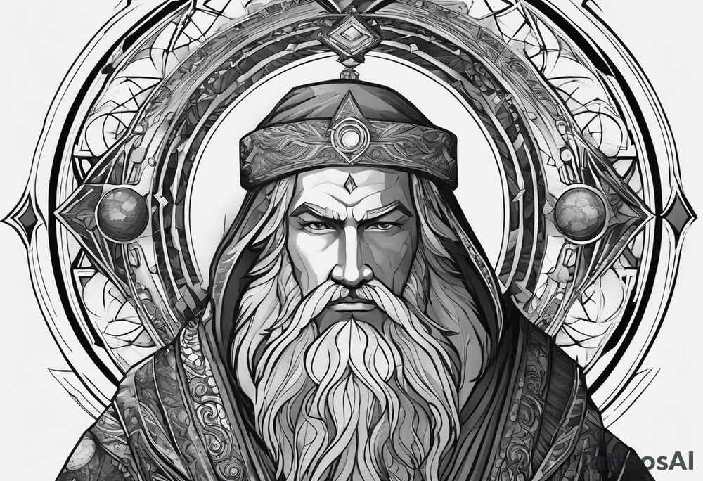 Jehovah looking out at the marvels of his creation from the atoms to the galaxy and celestial beings. With grey wash and a fantasy theme. Jehovah has to be a character who is so majestic, charismatic, immensely powerful. There isnt a single thing he isnt capable of doing. Infinitely powerful forward facing tattoo idea