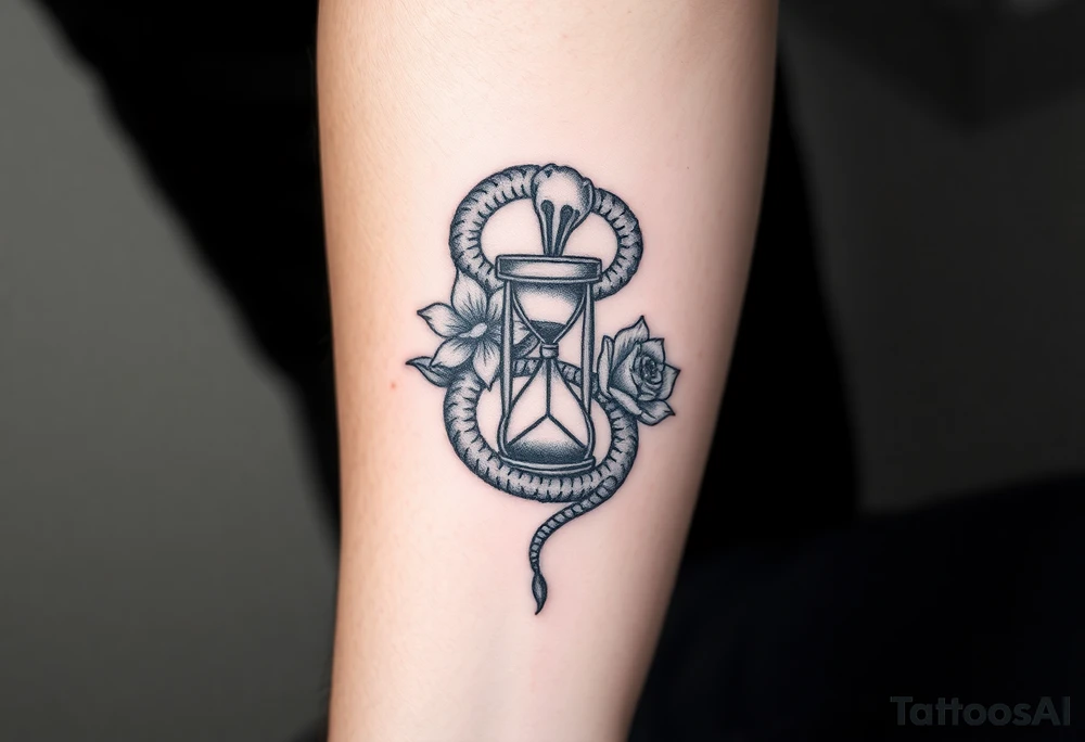 Ouroboros surrounded by a flower and hour glass tattoo idea