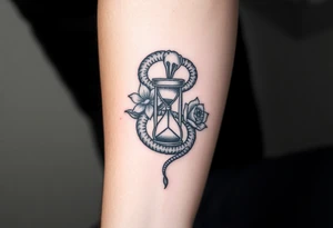 Ouroboros surrounded by a flower and hour glass tattoo idea